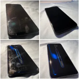 Zestawienie zdjęć telefonu Oppo Reno: przed naprawą z pękniętym ekranem i obudową, po naprawie - ekran i obudowa bez uszkodzeń. Widoczne logo Oppo.