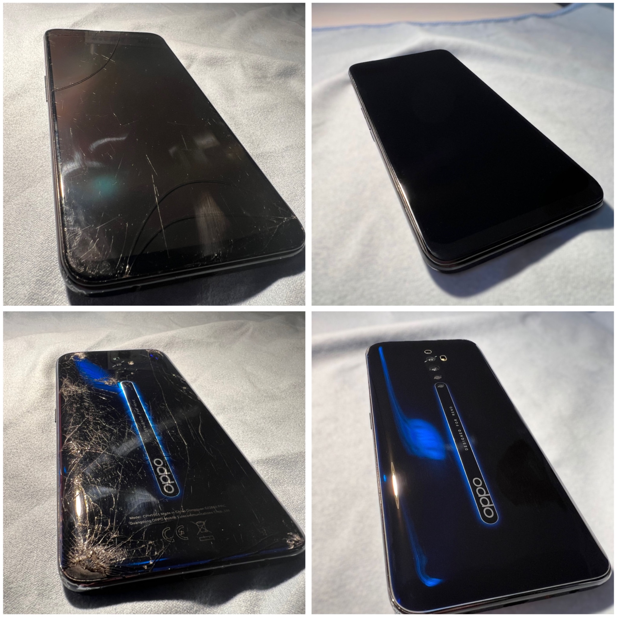 Zestawienie zdjęć telefonu Oppo Reno: przed naprawą z pękniętym ekranem i obudową, po naprawie - ekran i obudowa bez uszkodzeń. Widoczne logo Oppo.