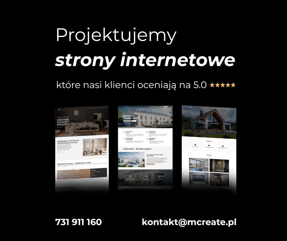 Prezentacja portfolio stron internetowych z oceną 5.0 od klientów, na czarnym tle, z numerem telefonu i adresem e-mail firmy.