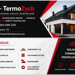 TermoZych - Baner firmy budowlanej TermoZych z ofertą kompleksowych usług: ocieplenia, elewacje, wykończenia wnętrz, zabudowy G-K, układanie płytek, murowanie i wykończenia pod klucz.