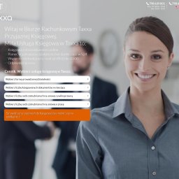 Taxxa Przyjazna Księgowa Biuro Rachunkowe Gdynia - Strona internetowa biura rachunkowego Taxxa.pl z uśmiechniętą kobietą, ofertą usług księgowych i danymi kontaktowymi. Intuicyjny interfejs, nowoczesny design.