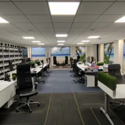 Jasne biuro rachunkowe z widokiem na plażę. Rzędy segregatorów i biurka z komputerami. Nowoczesne wnętrze z roślinami w doniczkach. Przestronne i dobrze oświetlone.