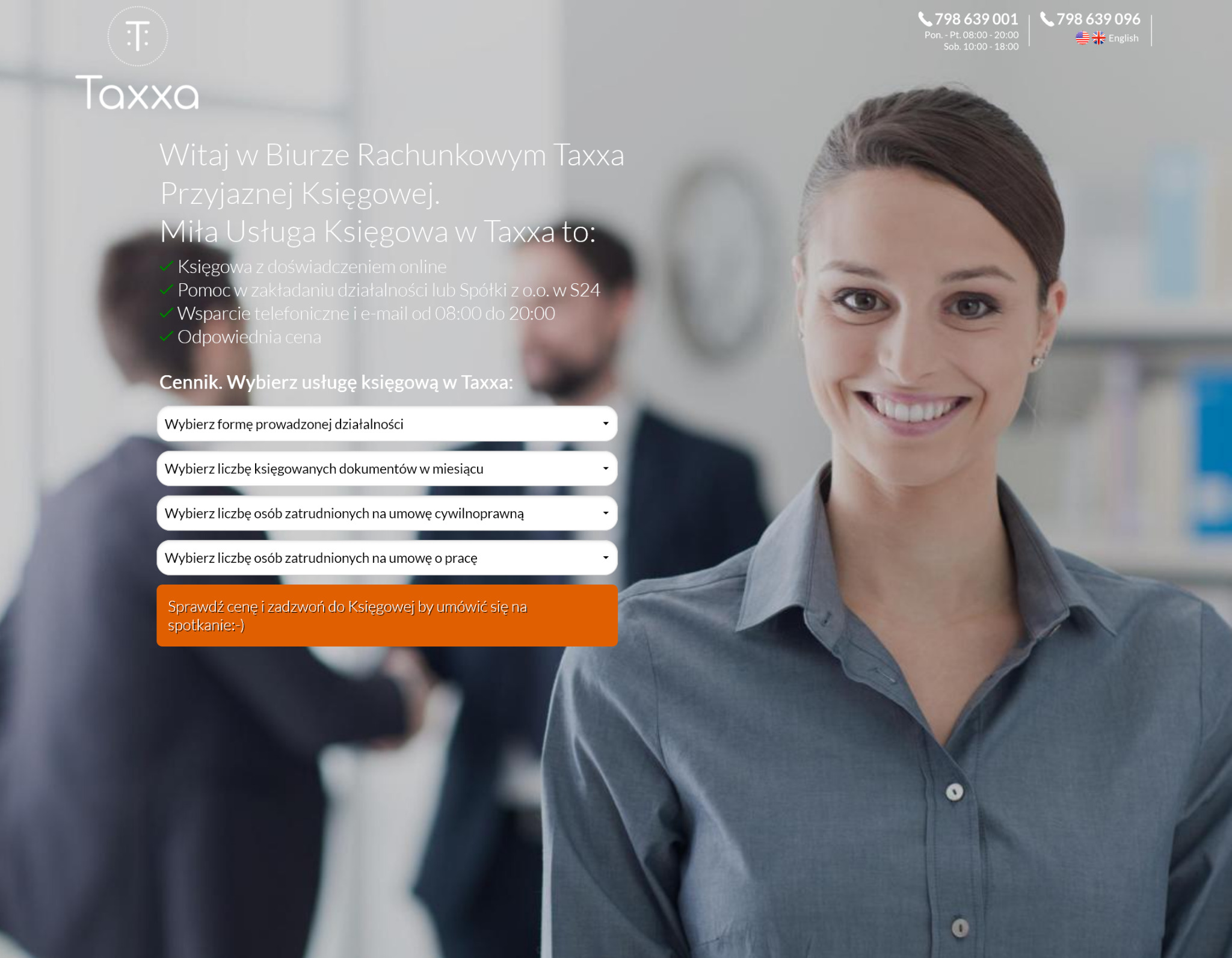 Strona internetowa biura rachunkowego Taxxa.pl z uśmiechniętą kobietą, ofertą usług księgowych i danymi kontaktowymi. Intuicyjny interfejs, nowoczesny design.