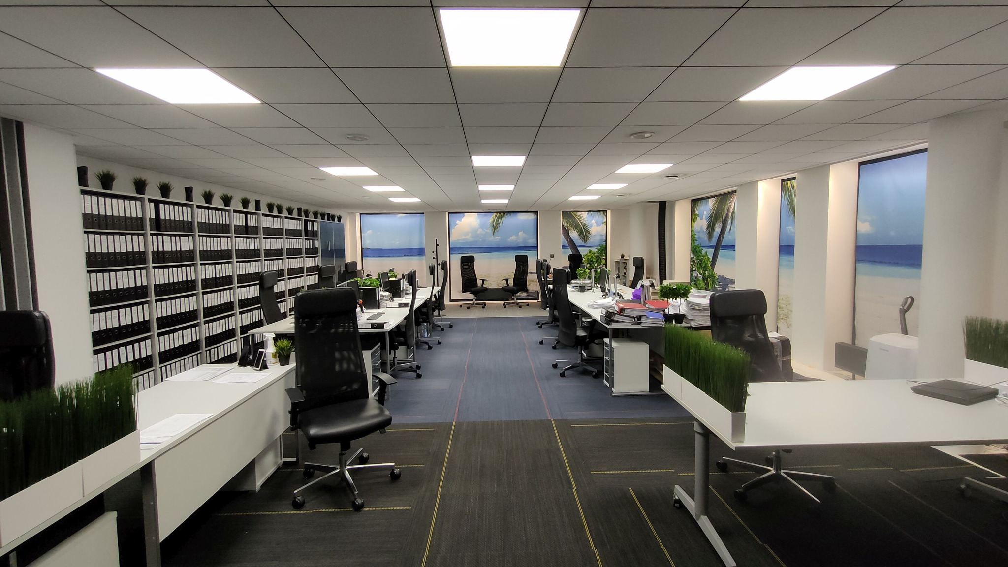 Jasne biuro rachunkowe z widokiem na plażę. Rzędy segregatorów i biurka z komputerami. Nowoczesne wnętrze z roślinami w doniczkach. Przestronne i dobrze oświetlone.
