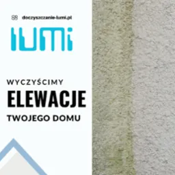 Grafika reklamowa mycia elewacji: po lewej logo firmy i napis 'Wyczyścimy elewacje Twojego domu', po prawej fragment ściany przed i po czyszczeniu, widoczna różnica.