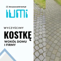 Grafika z efektem czyszczenia kostki brukowej: po lewej kostka z zielonym nalotem, po prawej czysta. Logo firmy doczyszczanie-lumi.pl z hasłem 'Wyczyścimy kostkę wokół domu i firmy'.