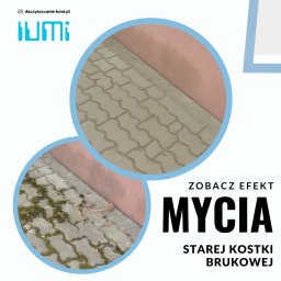 LUMI MATEUSZ SÓWKA - Grafika prezentuje efekt mycia kostki brukowej przed i po, ukazując różnicę w czystości i wyglądzie powierzchni. Widoczne detale zanieczyszczeń usuniętych z kostki.
