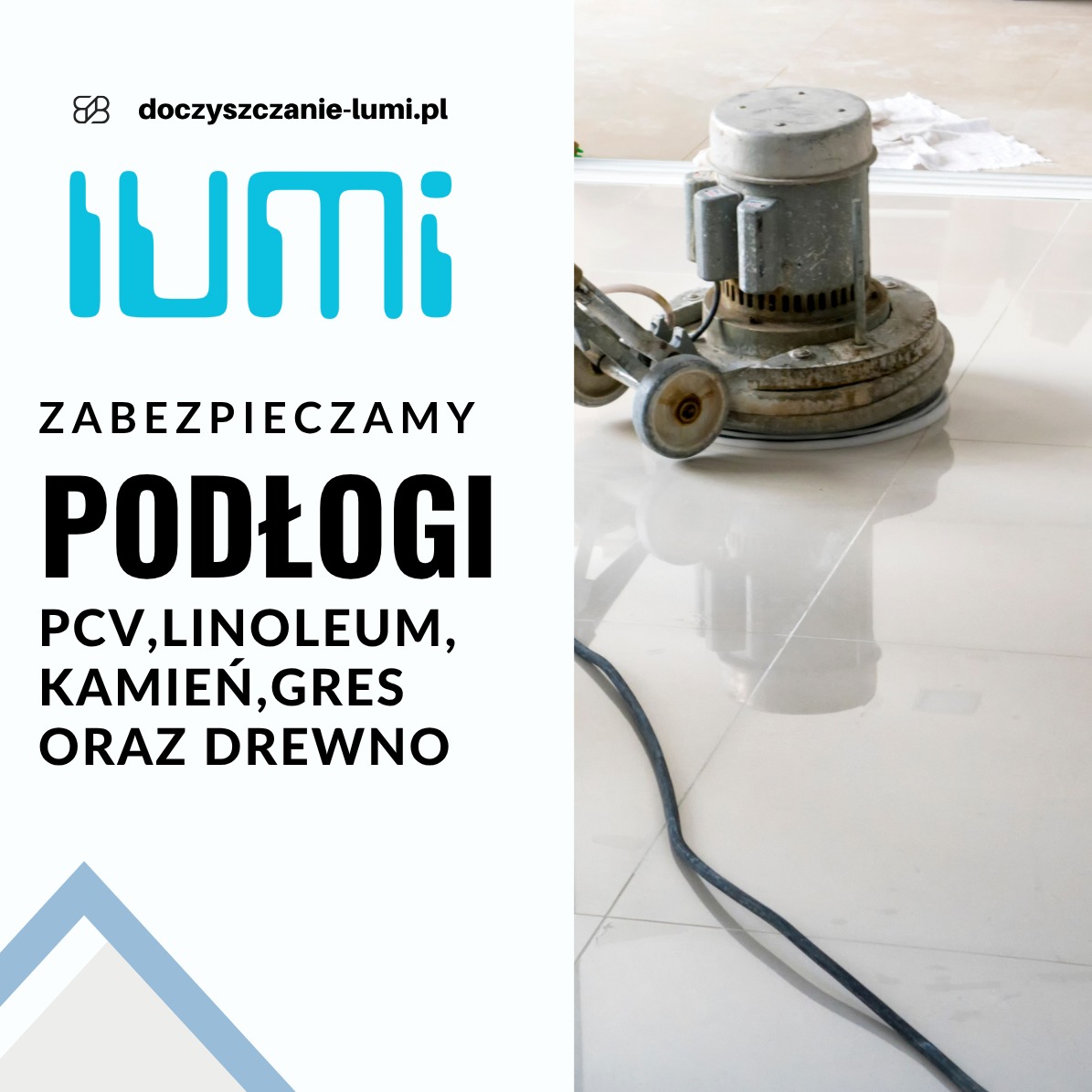 Polerka do podłóg na błyszczącej, jasnej posadzce. Widoczne odbicie światła i kabel urządzenia. Na pierwszym planie logo firmy.