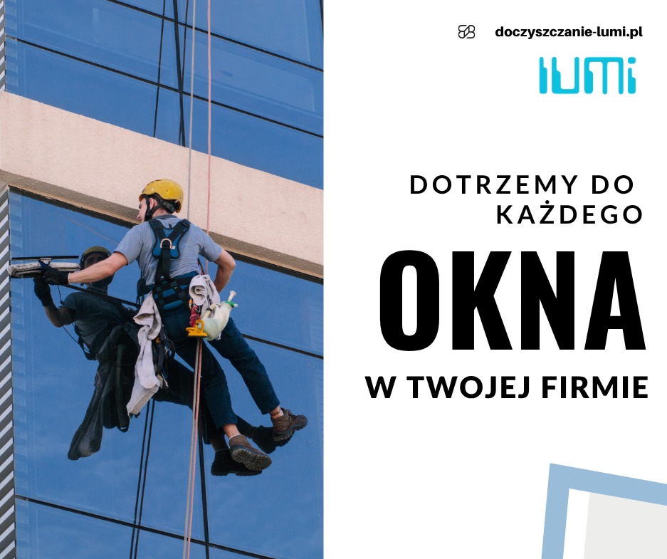 Pracownik w uprzęży alpinistycznej myje okna wieżowca, używając ściągaczki. Widoczne odbicie w czystej szybie i hasło reklamowe firmy.