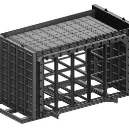 MMŚ - Szary model 3D stalowej konstrukcji szalunkowej z widocznymi elementami wzmacniającymi i podziałami, prezentowany w perspektywie izometrycznej.