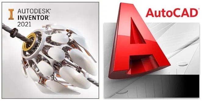Grafika z logotypami Autodesk Inventor 2021 i AutoCAD, prezentująca oprogramowanie do modelowania i projektowania konstrukcji. Widoczny model 3D elementu konstrukcyjnego.