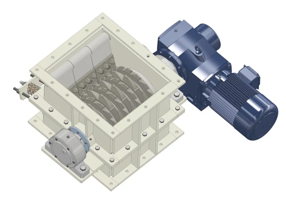 Model 3D dwuwałowej rozdrabniarki z beżową obudową i niebieskim silnikiem, widoczne ostrza tnące wewnątrz komory. Perspektywa z góry.