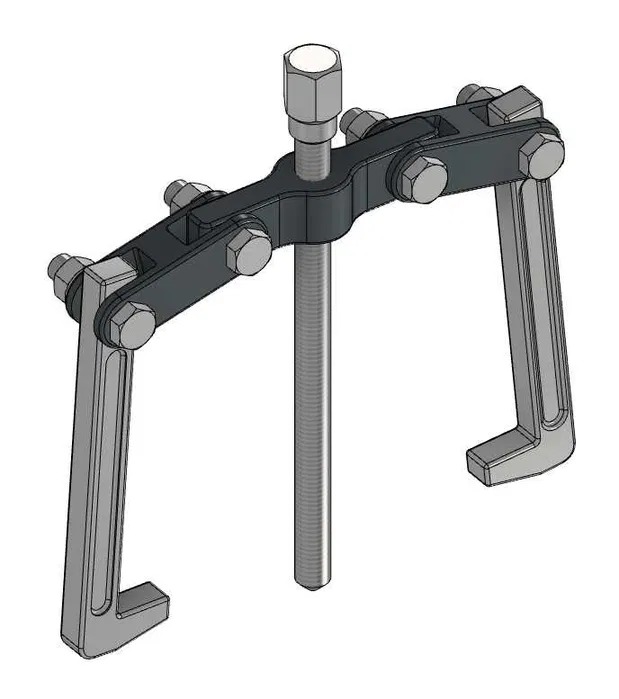 Model 3D ściągacza do łożysk, z centralną śrubą i dwoma ramionami zakończonymi hakami. Widok z góry, na białym tle.