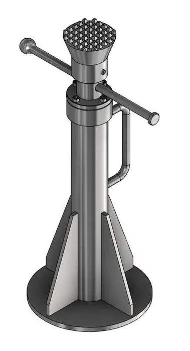 Model 3D metalowego podnośnika śrubowego z regulacją wysokości, na okrągłej podstawie, z uchwytami po bokach, na białym tle.