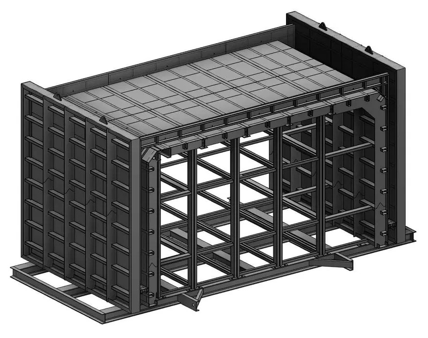 Szary model 3D stalowej konstrukcji szalunkowej z widocznymi elementami wzmacniającymi i podziałami, prezentowany w perspektywie izometrycznej.