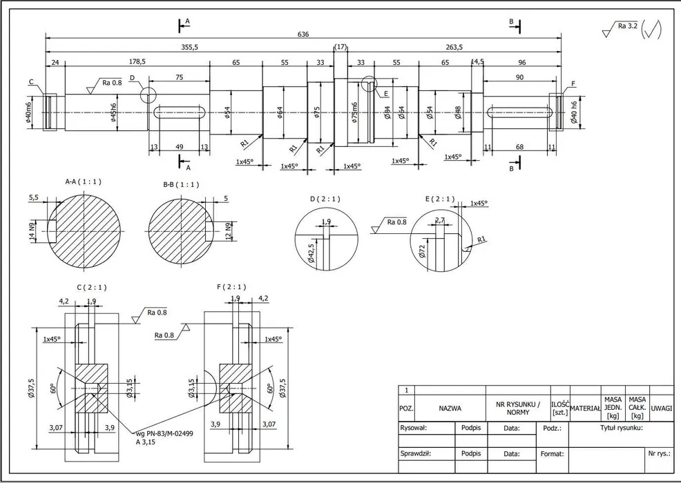 Techniczny rysunek detalu stalowego z wymiarami i przekrojami, prezentowany w formie schematu na białym tle. Zawiera szczegółowe dane techniczne i oznaczenia.