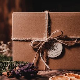 Wilcza Jagoda kosmetyki naturalne - Kartonowe pudełko prezentowe, owinięte sznurkiem jutowym i ozdobione etykietą z napisem 'Zestaw Pachnący Lawenda', na tle świątecznych dekoracji.