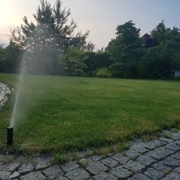 HYDRAULIK Meik Barwinski - Działający zraszacz wynurzalny nawadnia trawnik, w tle drzewa i krzewy. Kostka brukowa wyznacza granicę trawnika. Widoczne delikatne promienie zachodzącego słońca.
