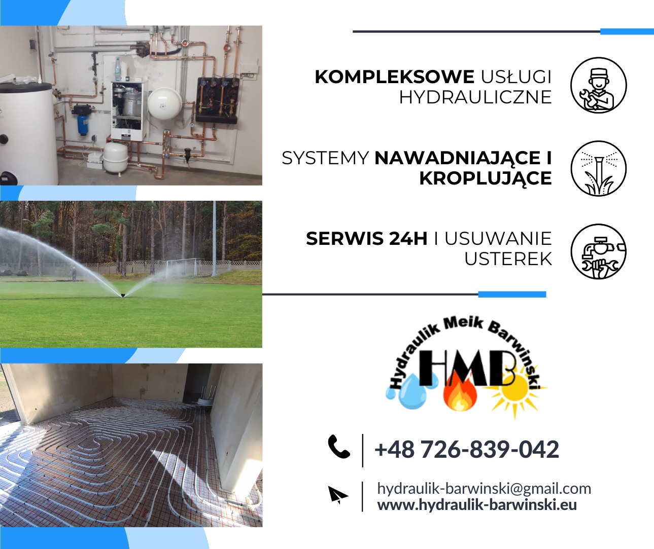 Kolaż: instalacja hydrauliczna, system nawadniania trawnika, ogrzewanie podłogowe w surowym wnętrzu oraz dane kontaktowe firmy hydraulicznej.