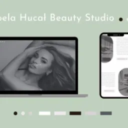 Laptop i smartfon prezentują responsywny design strony Izabela Hucał Beauty Studio. Stonowana kolorystyka i minimalistyczny układ graficzny.