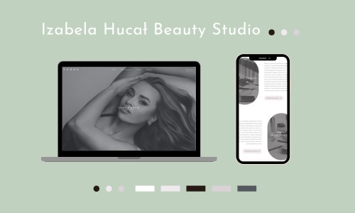 Laptop i smartfon prezentują responsywny design strony Izabela Hucał Beauty Studio. Stonowana kolorystyka i minimalistyczny układ graficzny.