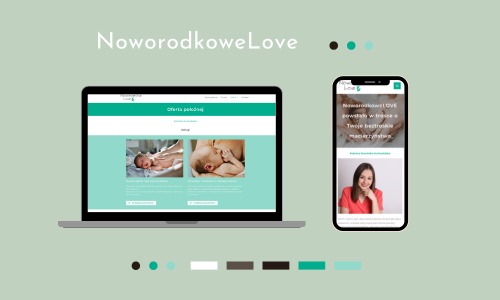 Responsywny projekt strony 'NoworodkoweLove' na laptopie i smartfonie. Turkusowa kolorystyka, zdjęcia noworodków. Elementy interfejsu widoczne na obu urządzeniach.