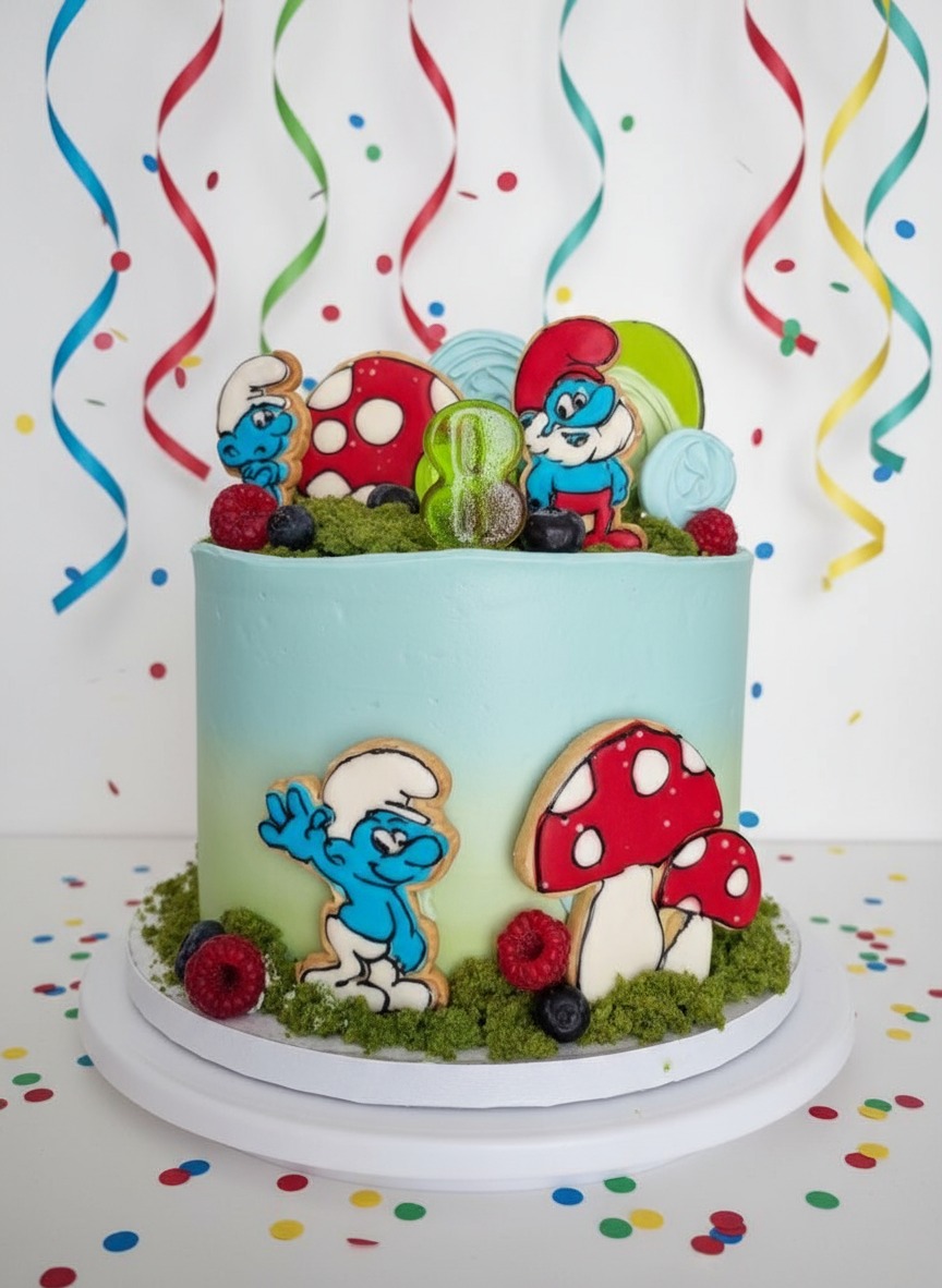 Udekorowany tort w stylu Smerfów z ciasteczkowymi figurkami, borówkami i malinami na zielonej posypce, na białym tle z kolorowymi serpentynami i konfetti.