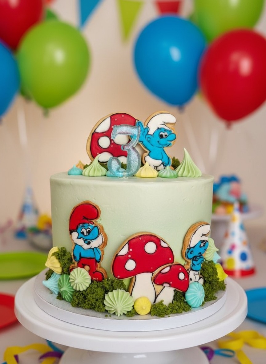 Tort urodzinowy z motywem Smerfów i muchomorów, dekorowany bezami i cyfrą '3', na białym stojaku, w tle kolorowe balony i girlanda.