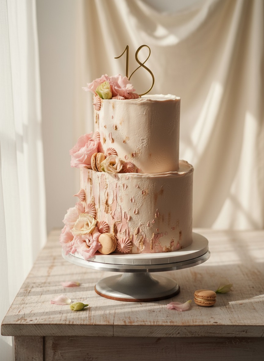 Dwupiętrowy tort w odcieniach różu, zdobiony kwiatami i makaronikami, z topperem '18', na srebrnej paterze, w naturalnym świetle.