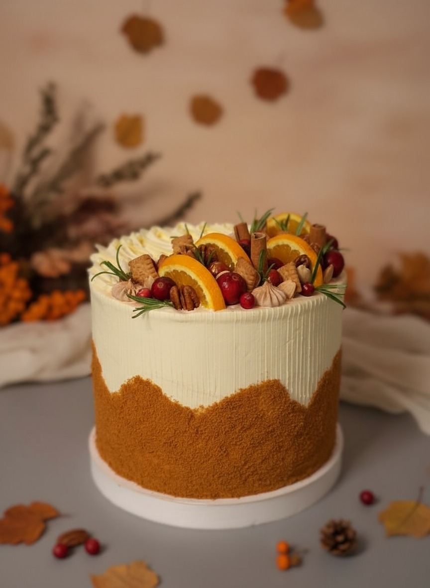 Warstwowy tort z kremem, pomarańczami, żurawiną i orzechami na jesiennym tle z liśćmi. Dekoracja z rozmarynu i mini bez. Kremowa góra, biszkoptowy dół.