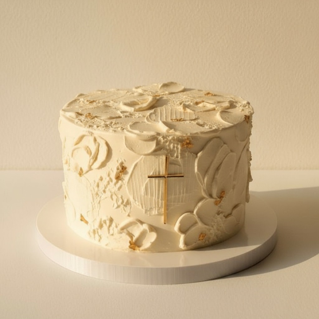 Tort komunijny z kremowym lukrem, zdobiony złotym krzyżem i płatkami złota, na białym podeście. Subtelne światło podkreśla delikatność dekoracji.