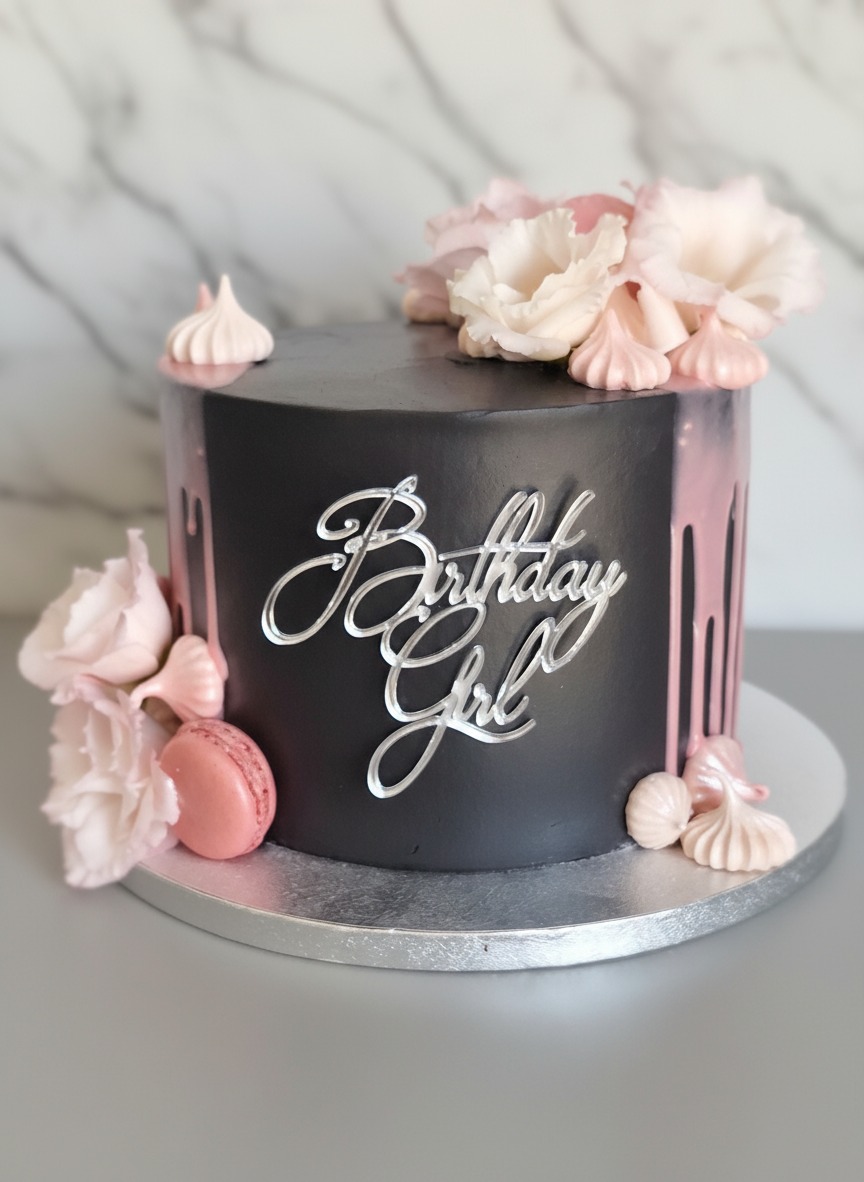 Elegancki tort urodzinowy dla dziewczynki: czarny, z różowymi akcentami, kwiatami i napisem 'Birthday Girl'. Makaronik dodaje uroku.