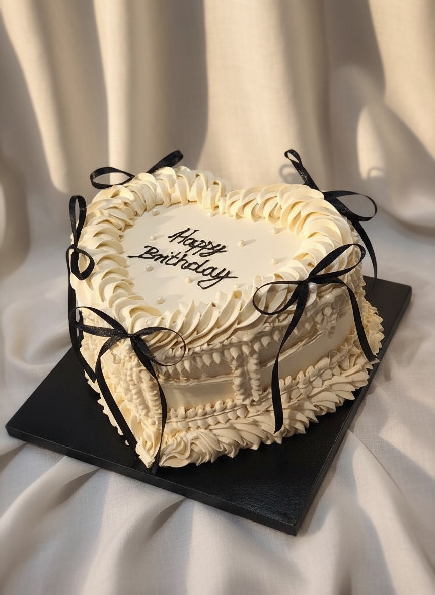 Tort w kształcie serca z kremem, czarnymi wstążkami i napisem 'Happy Birthday', na czarnym podeście i tle z kremowej tkaniny. Elegancki i delikatny.