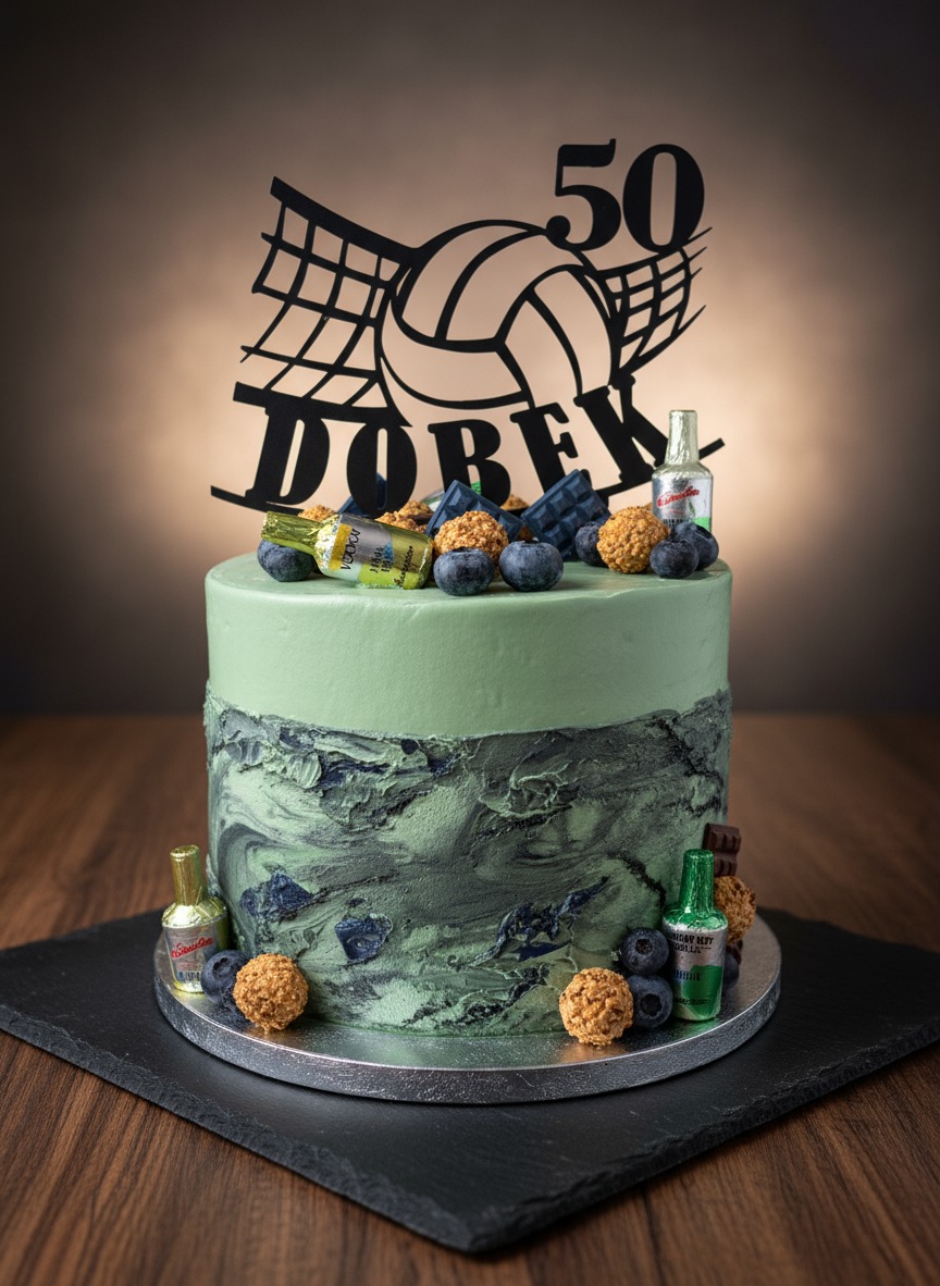 Tort urodzinowy z dekoracją nawiązującą do siatkówki, z topperem '50' i imieniem 'Darek', ozdobiony borówkami, czekoladą i miniaturowymi butelkami alkoholu.