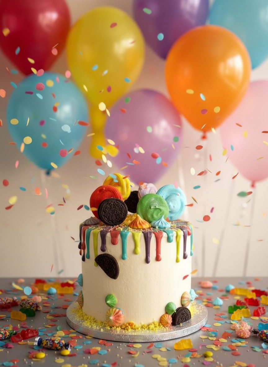 Tort urodzinowy z kolorowymi polewami i dekoracjami z ciastek Oreo, otoczony konfetti i balonami w pastelowych barwach, na szarym tle.