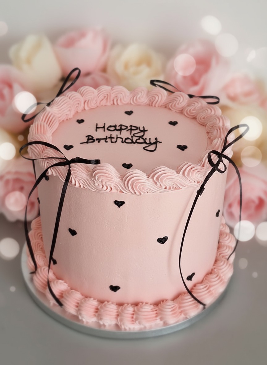 Różowy tort urodzinowy z kremem, czarnymi serduszkami i wstążkami na tle rozmytych różowych i białych kwiatów, delikatne oświetlenie.