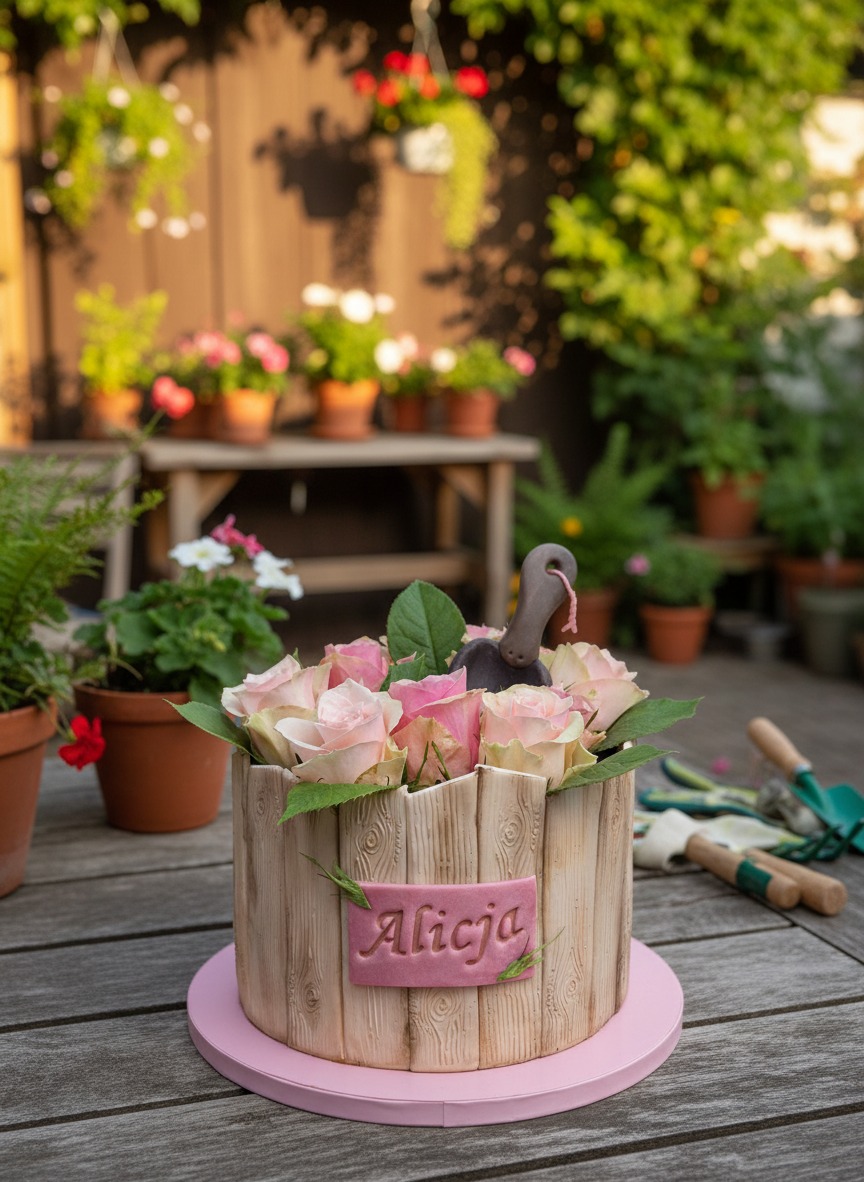 Tort urodzinowy w stylu ogrodniczym z różami i czekoladową łopatką, na drewnianym stole w ogrodzie, z imieniem 'Alicja' na różowej tabliczce.
