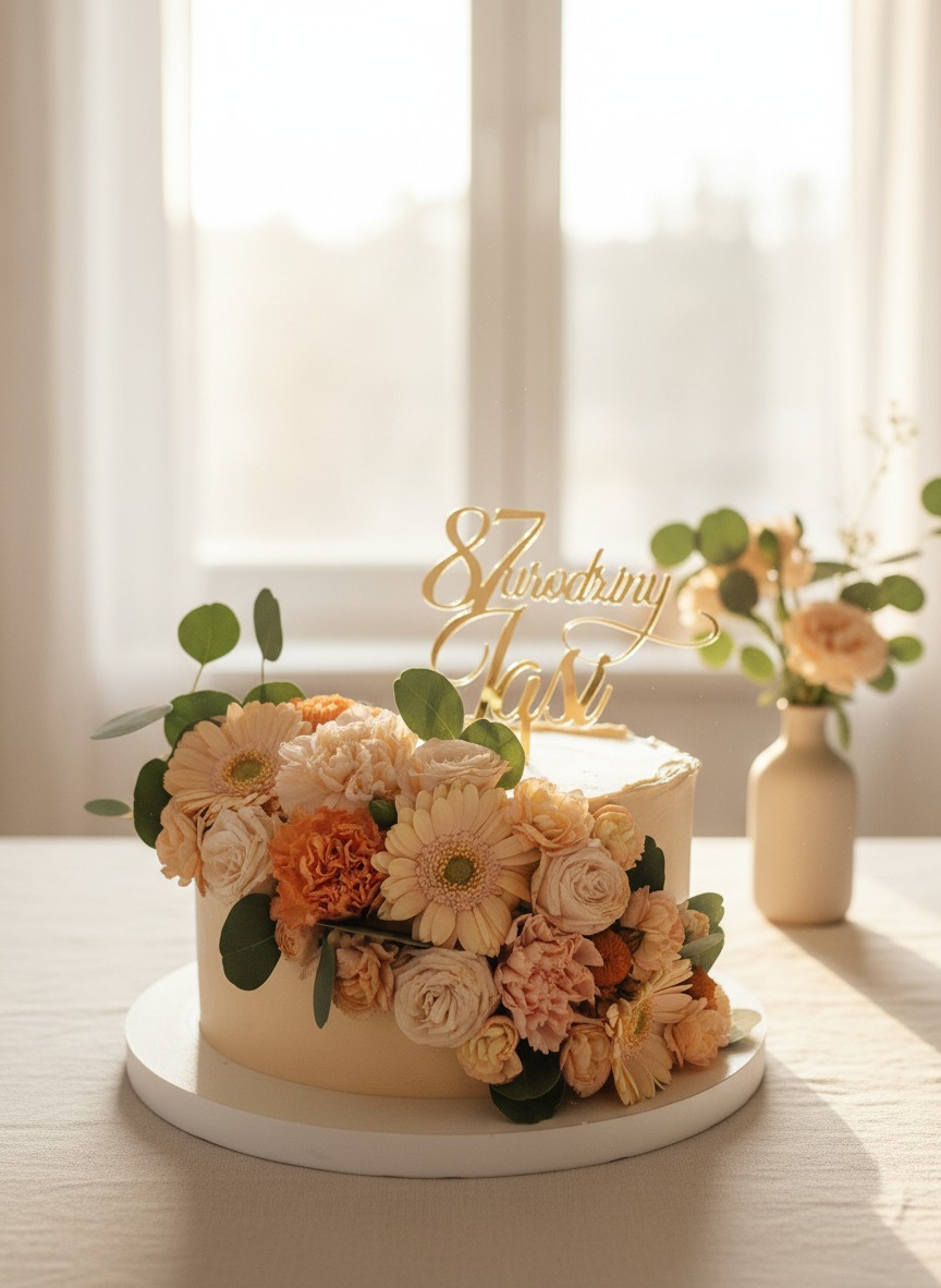 Tort na 87 urodziny, kremowy, zdobiony kwiatami w odcieniach pomarańczy i beżu, z topperem. W tle wazon z kwiatami i okno z naturalnym światłem.