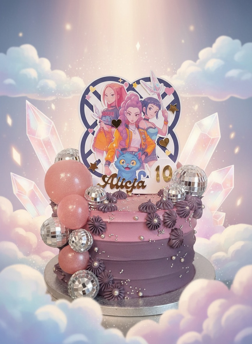Udekorowany tort urodzinowy w odcieniach fioletu i różu, z topperem z postaciami z bajki, kulami disco i kryształami na tle chmur. Napis 'Alicja' i liczba '10'.