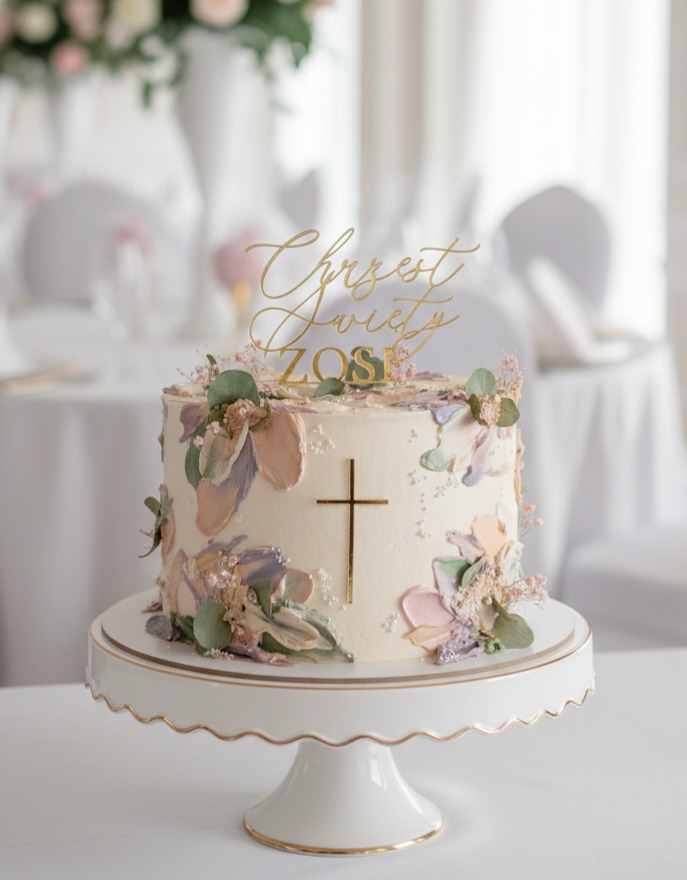 Tort na Chrzest Święty Zosi, zdobiony kremem w pastelowe kwiaty i złotym krzyżem, na białym stojaku. W tle dekoracje stołu.