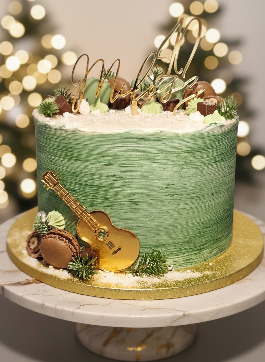 Tort na 40. urodziny z zielonym kremem, złotą gitarą i napisem 'Miłosz', na marmurowym stojaku, w tle świąteczne lampki.