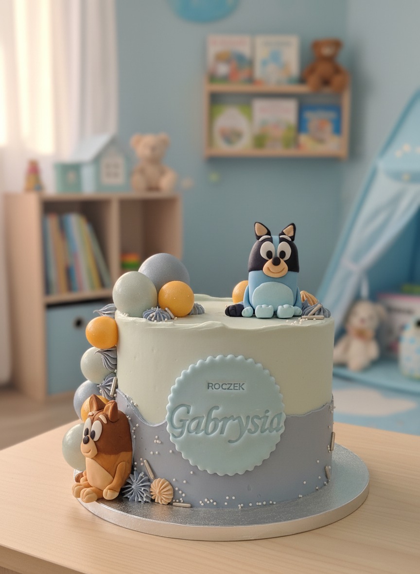 Tort na roczek w odcieniach błękitu i szarości, zdobiony figurkami z bajki Bluey, z napisem 'Roczek Gabrysia', na drewnianym stole, w tle pokój dziecięcy.