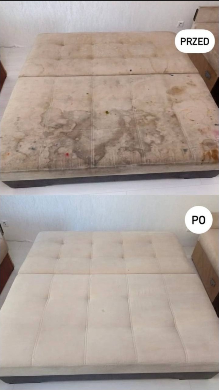 Zdjęcie 'przed i po' przedstawia jasną kanapę modułową. Górna część pokazuje kanapę silnie zabrudzoną, dolna - tę samą kanapę po czyszczeniu, odzyskaną jasność.