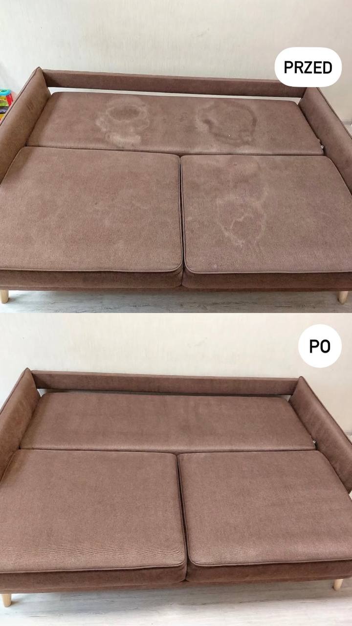 Brązowa, rozkładana kanapa w ujęciu przed i po czyszczeniu. Widoczne plamy na tapicerce przed, a po czyszczeniu tapicerka jest czysta.
