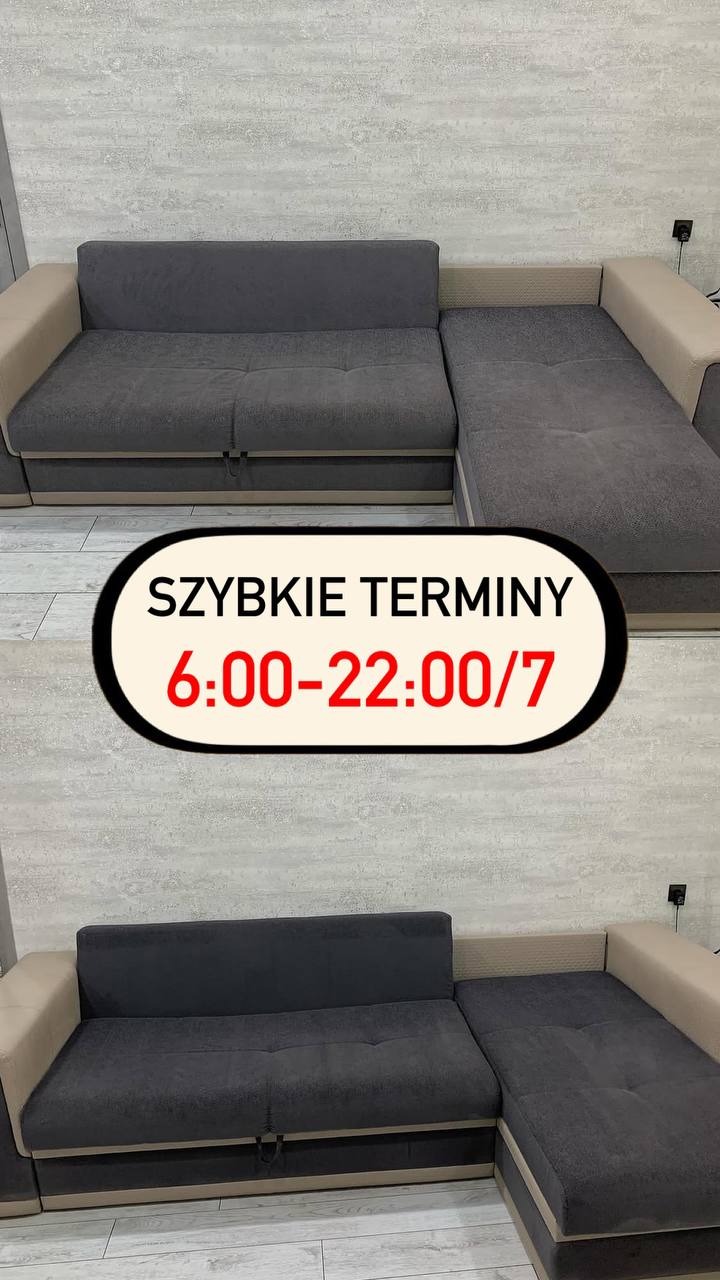 Szara, narożna kanapa z beżowymi elementami na tle jasnej ściany. Nałożony napis reklamowy informujący o szybkich terminach realizacji usługi, dostępnych 7 dni w tygodniu.