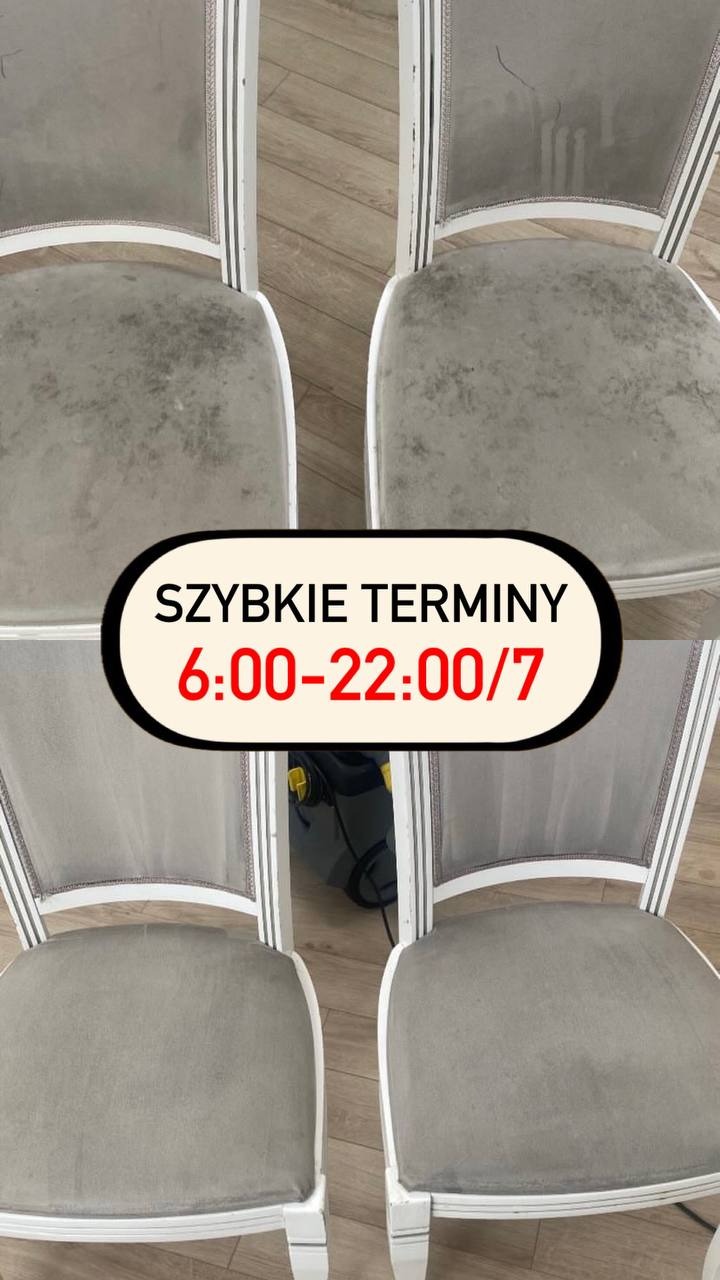 Krzesła tapicerowane przed i po czyszczeniu, z widoczną różnicą w czystości tapicerki. Na zdjęciu widnieje naklejka informująca o szybkich terminach.