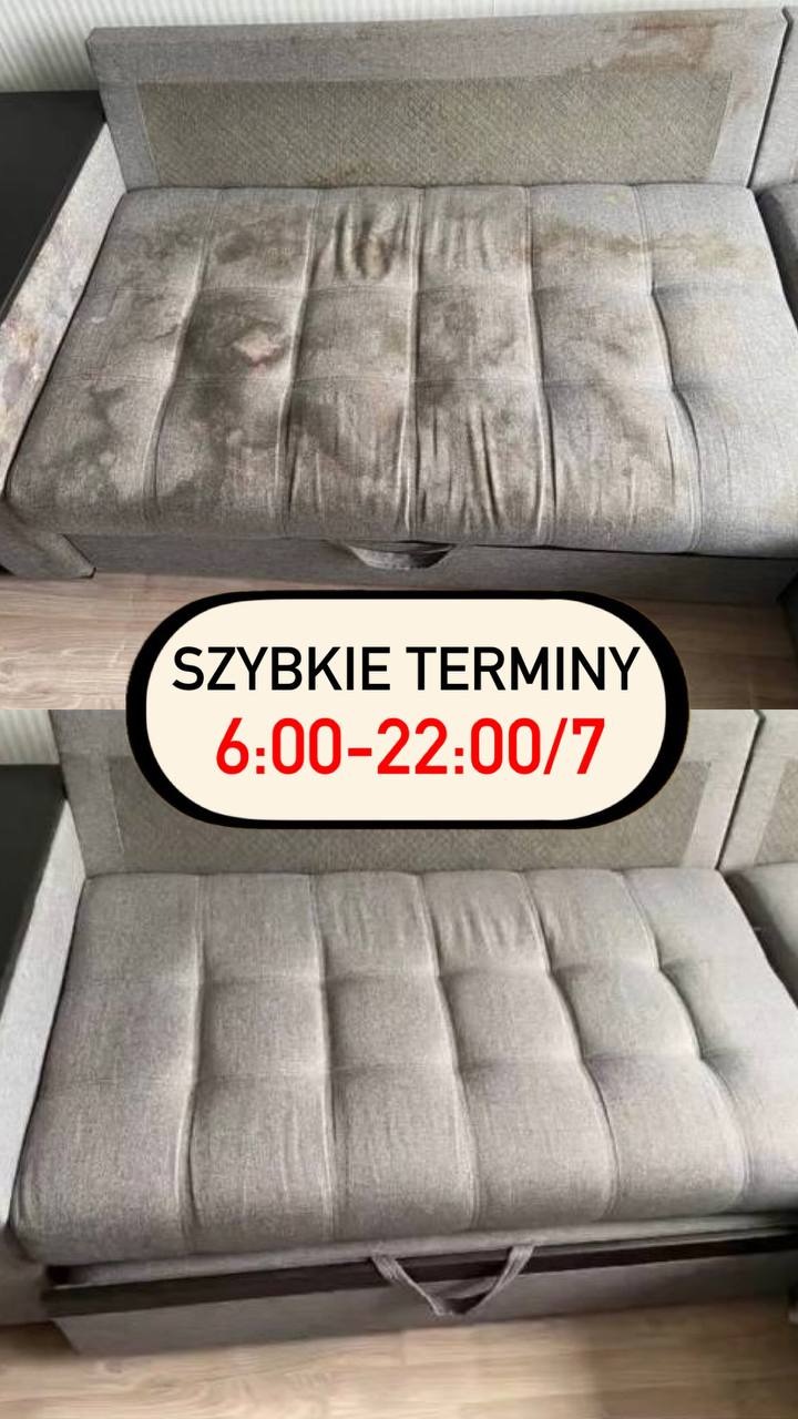Szara kanapa modułowa przed i po czyszczeniu, widoczne plamy usunięte. U dołu grafika z informacją o szybkich terminach realizacji usług od 6 do 22 przez 7 dni w tygodniu.