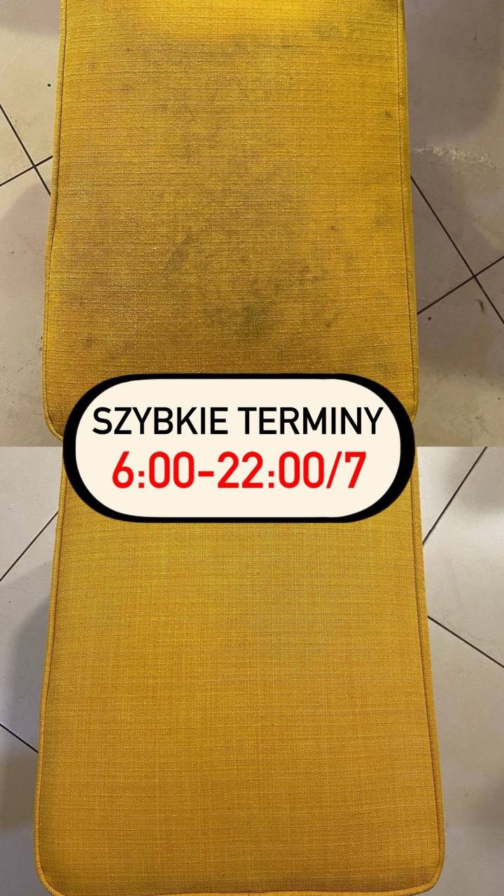 Żółty fotel tapicerowany, podzielony na dwie części: górna z widocznymi plamami przed czyszczeniem, dolna po czyszczeniu, z napisem 'Szybkie terminy 6:00-22:00/7'.