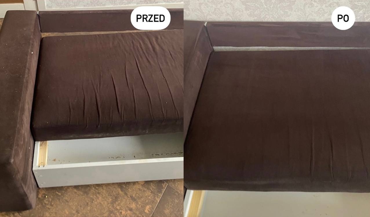 Brązowa kanapa z wysuwaną szufladą: po lewej stronie widok 'przed' z widocznymi zabrudzeniami i zagnieceniami, po prawej stronie widok 'po' - czysta i gładka.