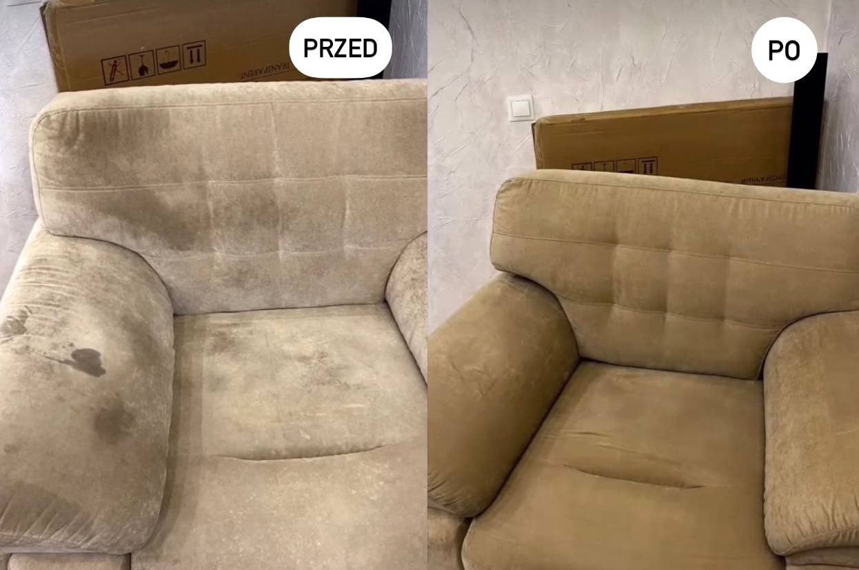 Kremowy fotel tapicerowany: po lewej stronie widoczne zabrudzenia ('Przed'), po prawej czysty ('Po'). Widoczne kartonowe pudła w tle.